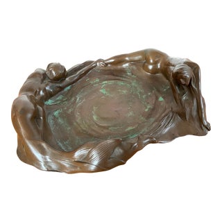 Antique German Signed Art Nouveau Decorative Bronze Bowl Accented With Mermaids For Sale