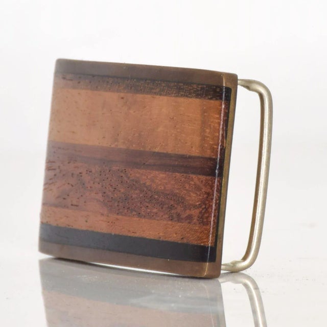 Mid-Century Modern 1970s Kenneth Reid New Mexico Brass and Wood Stripe Belt Buckle For Sale - Image 3 of 9