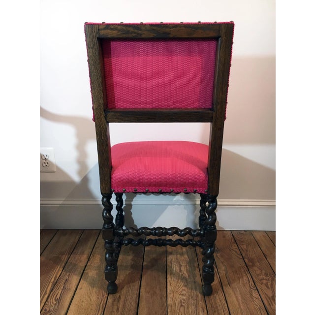 Wood Jacobean Ebonized Oak Barley Twist Dining Chairs in Hot Pink Upholstery - Set of 6 For Sale - Image 7 of 13