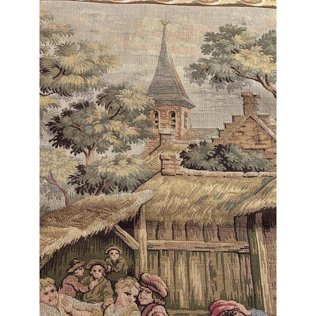 French Aubusson Style Jacquard Tapestry with Villagers Celebration Decor, 1980s For Sale - Image 9 of 18