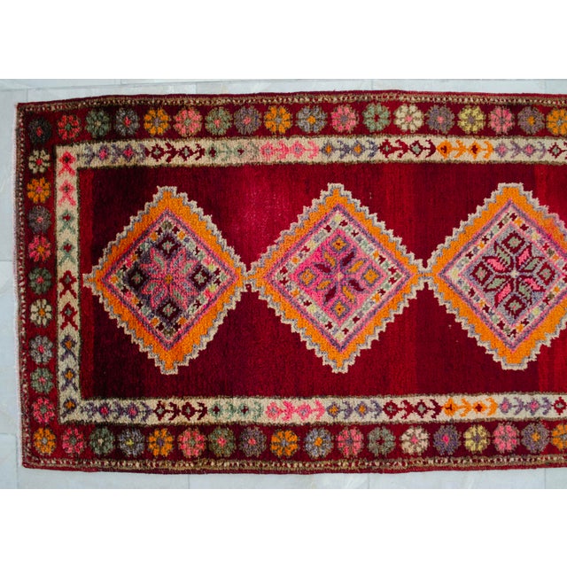 1960s Turkish Hand-Knotted Runner Rug Kitchen Hallway Decor Red & Pink 3x13 Ft Approx For Sale - Image 11 of 16
