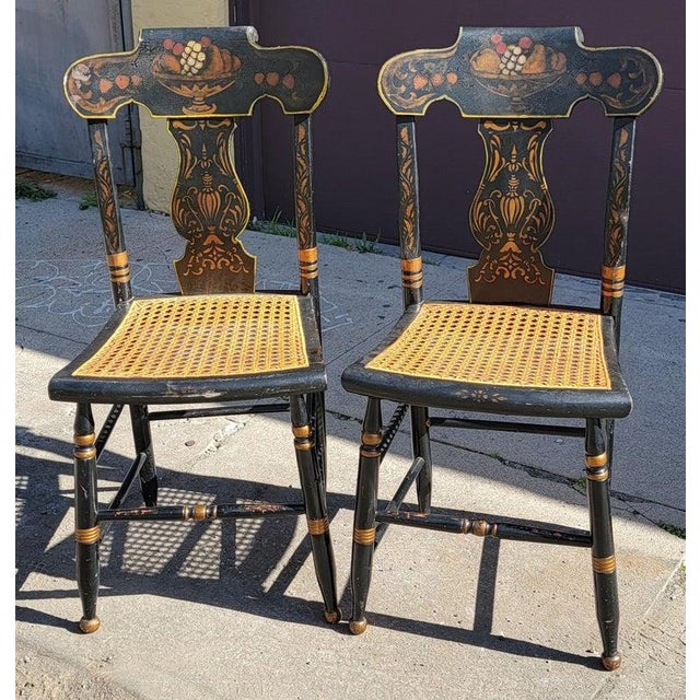 Folk Art 18thc Pair of Stenciled Pair of Cane Seat Chairs For Sale - Image 3 of 11