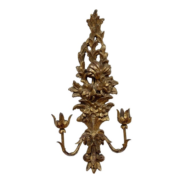 Vintage Italian Giltwood Floral Motif Wall Sconce For Sale
