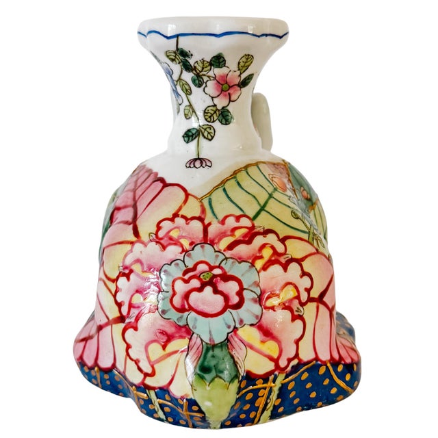 Ceramic Vintage Hand-Painted Chinoiserie Tobacco Leaf Porcelain Rabbit Candlestick For Sale - Image 7 of 10