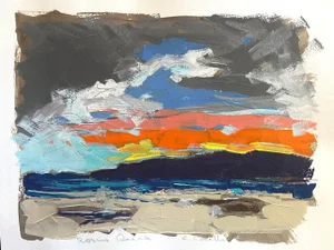 Modern Beach Scene “Rosie’s Beach”, Ca. Original Acrylic C. Carrillo