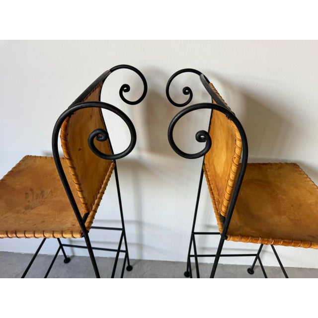 Pair of Vintage Spanish Style Wrought Iron & Leather Barstools For Sale - Image 9 of 11