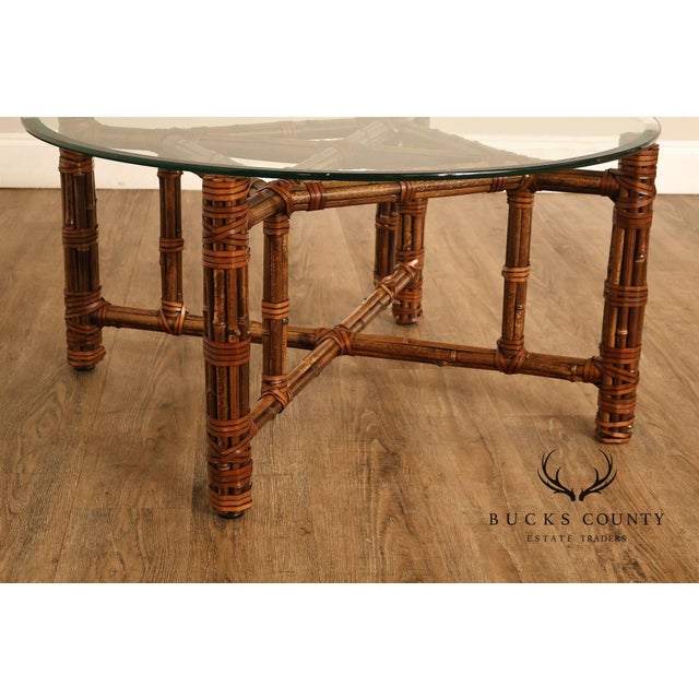 McGuire Bamboo And Rattan Round Glass Top Coffee Table For Sale - Image 13 of 16
