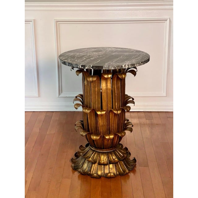 Hollywood Regency Italian Gilt Metal Hollywood Regency Side, Drinks Table With Marble Top, 1960s For Sale - Image 3 of 10