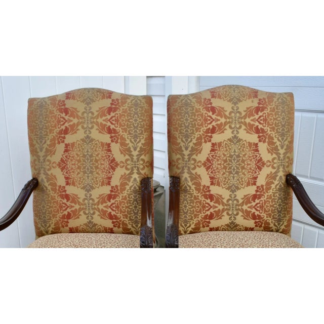 Laneventure Wood Arm Chairs Tudor Style Carved Stretcher Base Vintage Pair For Sale - Image 10 of 12