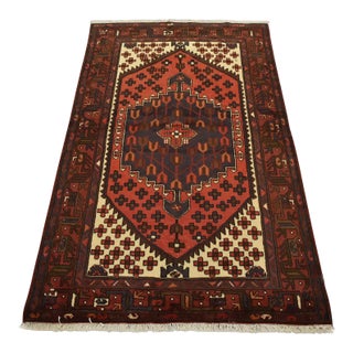 Hamedan Rug 4’1” X 6’4” Red Wool Vintage Tribal Hand-Knotted Carpet For Sale