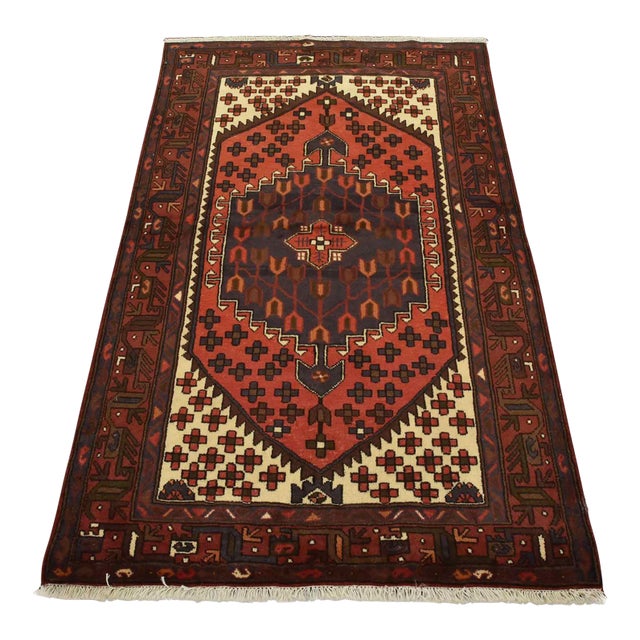 Hamedan Rug 4’1” X 6’4” Red Wool Vintage Tribal Hand-Knotted Carpet For Sale