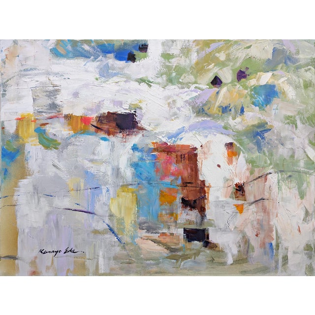 Red Door. Original Blue White Brown Gray Red Abstract Art on Gallery Wrap Canvas. For Sale