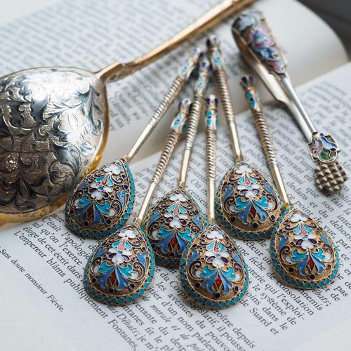 Antique Russian Silver Enamel Cloisonne Spoons by Dmitrii Nikolaevich Nikolaev, 1900s, Set of 6 For Sale - Image 4 of 18