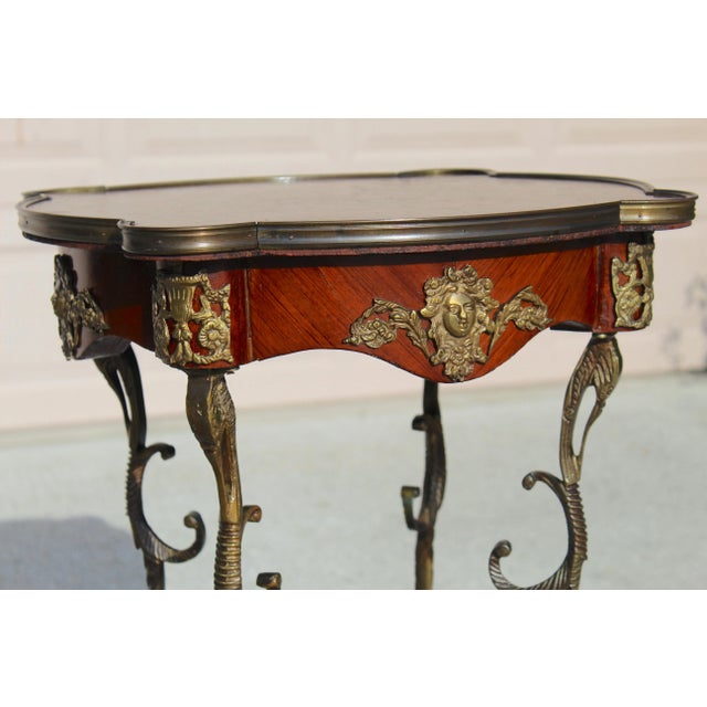 French French Louis XV Revival Style Parquetry & Gilt Metal Accent Table, Mid 20th Century For Sale - Image 3 of 15