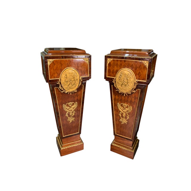French Pair of Antique Louis XVI Style French Gilt Bronze Mounted & Parquetry Pedestals For Sale - Image 3 of 4