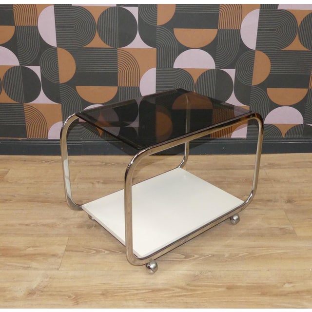 Silver Vintage Bar Cart in White Chrome Glass, 1970s For Sale - Image 8 of 11
