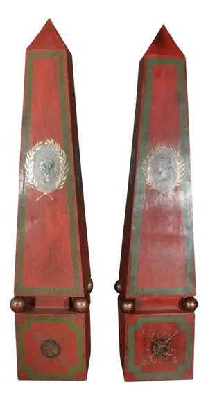 Large Pair of Vintage Tole Obelisks in Red, Green & Gold. Italy, 20th Century