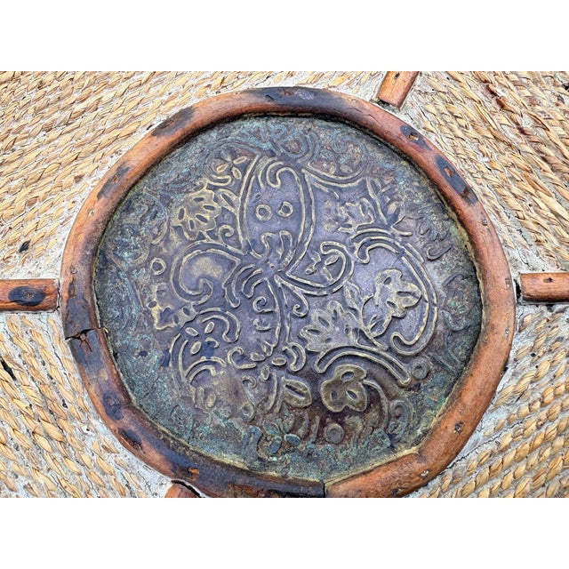 Vintage Rattan and Wood Side Table With Decorative Brass Medallion For Sale - Image 4 of 9