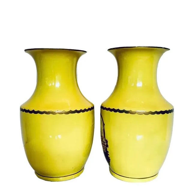 Pair of Vintage Maitland-Smith Hand Painted Lemon Yellow Asian Portrait Vases For Sale - Image 6 of 11