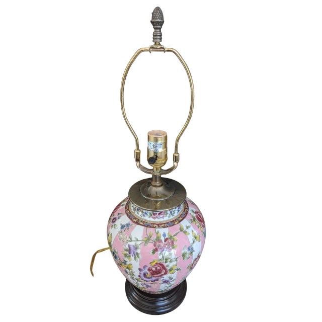 Vintage Chinoiserie Pink Chintz and Striped Ceramic Table Lamp With Pleated Lampshade For Sale - Image 13 of 15