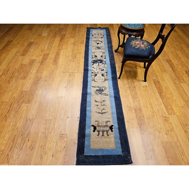 Ivory Antique Chinese Peking Runner, Hand-Knotted Wool, Ivory & Navy, 1880s, 2' x 10' For Sale - Image 8 of 9