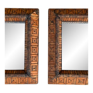 Late 20th Century American Folk Art Tramp Art Carved Wood Wall Mirrors, a Pair For Sale