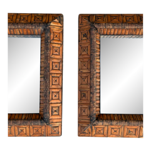 Late 20th Century American Folk Art Tramp Art Carved Wood Wall Mirrors, a Pair