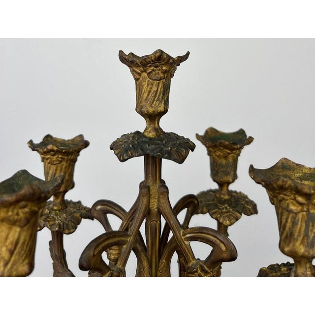 Antique French Brass and Marble 5-Arm Candelabra For Sale - Image 4 of 12