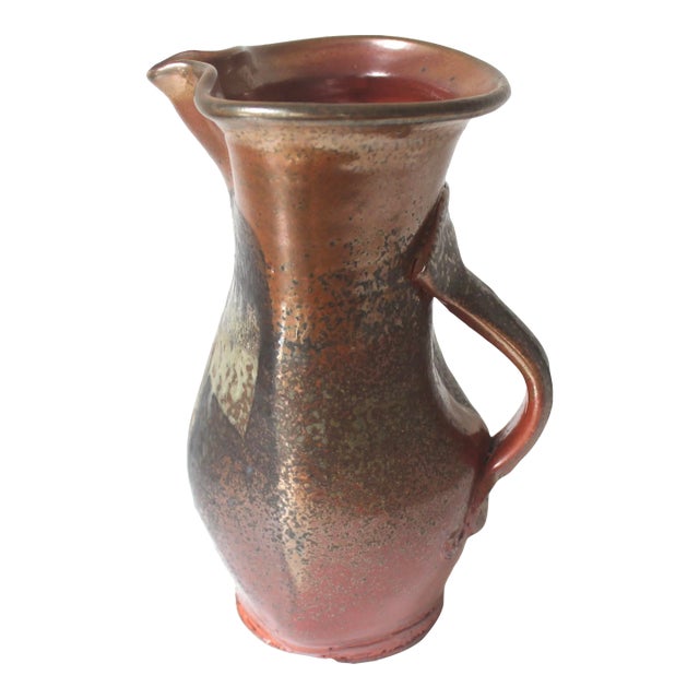 Vintage Studio Pottery Pitcher Jug With Handle Raku, Japanese Style For Sale