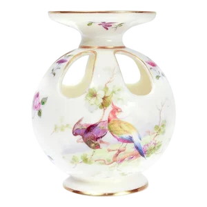 Antique Royal Worcester Gilt Blush Ivory Porcelain Pomander Vase With Pheasants