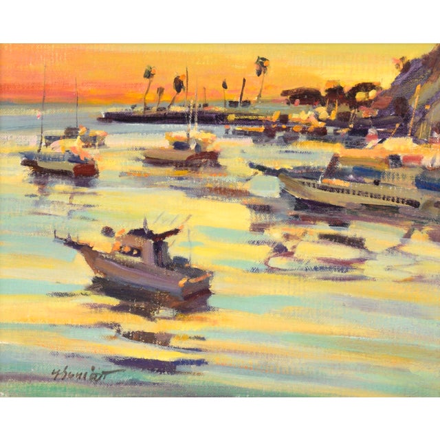 "Santa Catalina Island Harbor" Seascape at Sunset in Oil on Board Vibrant harbor seascape by Gary J. Schildt (American,...