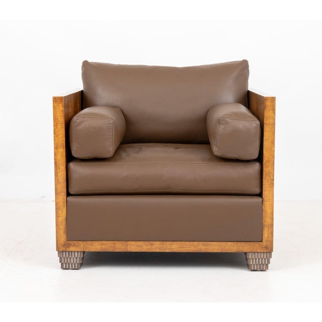 Therien Studio Workshops Walnut Club Chair, with brown leather cushions on four stepped feet, marked "Therien Studio...
