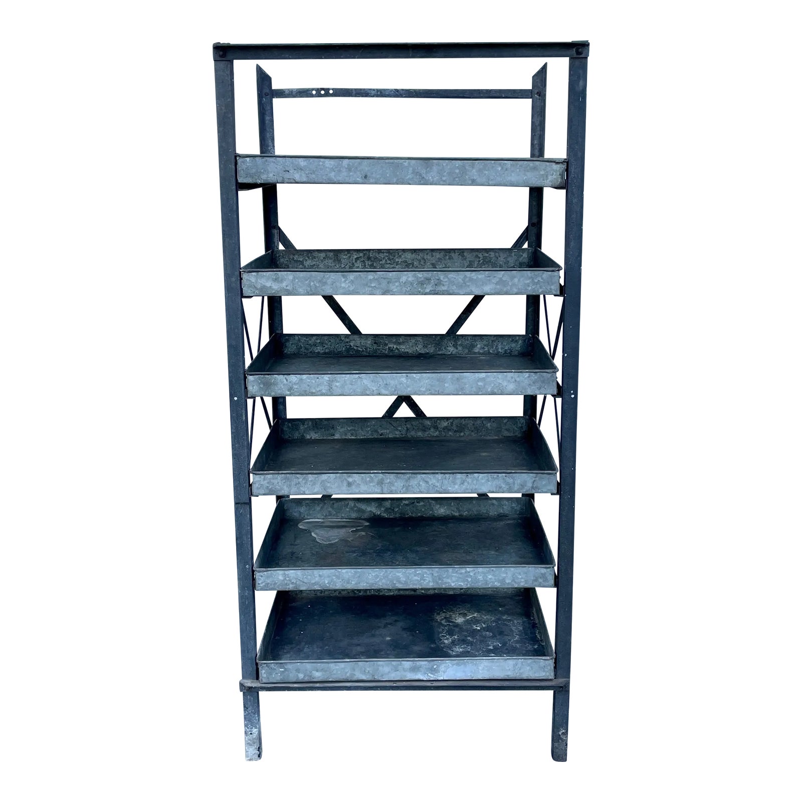 1970s Vintage Industrial 6 Shelf Metal Rack With Pull Out