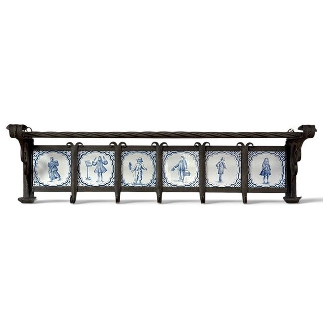 Rustic European 19th Century Dutch Wrought Iron Coat Rack With Delft Tiles For Sale - Image 3 of 18