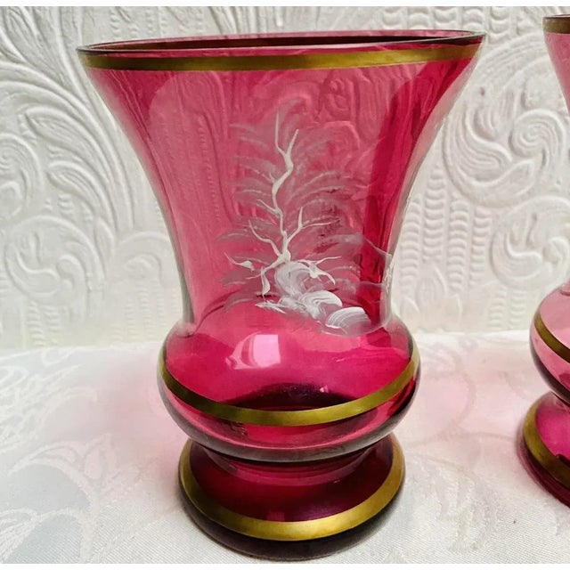 Glass Pair Antique Late 19th Century Hand Painted Girl and Boy Mary Gregory Cranberry Glass Vases For Sale - Image 7 of 12