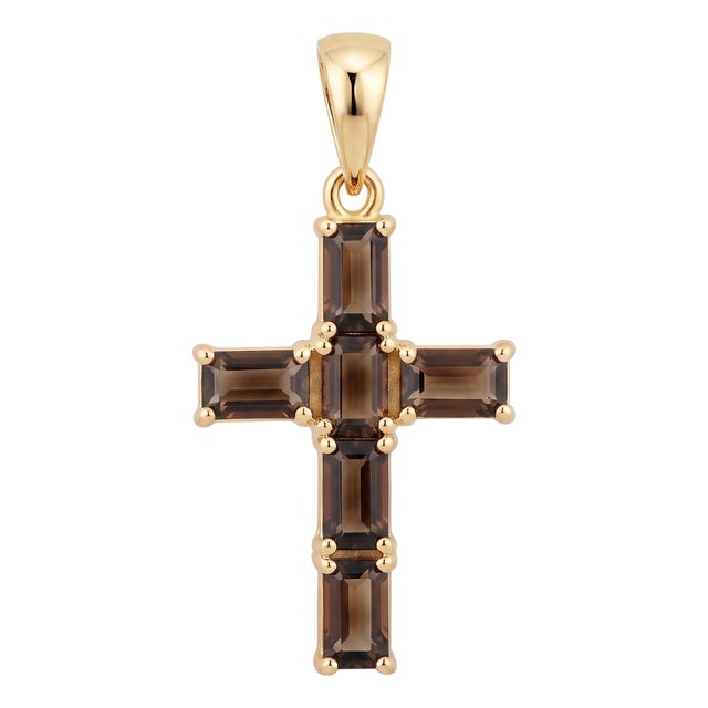 Smoky Quartz Cross Pendant | Dainty Cross Charm Pendant | Vintage Style Religious Pendant For Sale