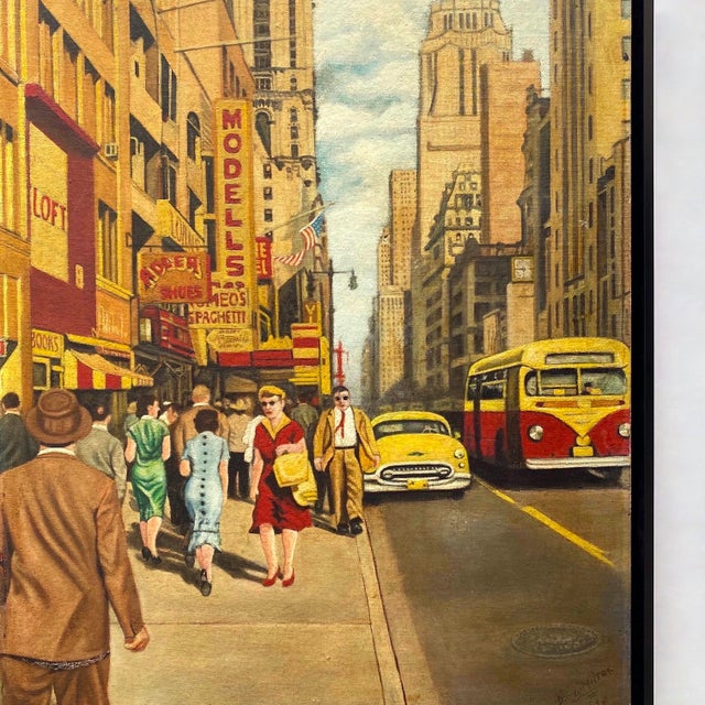 Dave Milton Vintage 1959 Mid Century Modern Edward Hopper Style " 42nd Street and Fifth Avenue, New York City " Framed Original Realist Oil Painting For Sale - Image 13 of 18