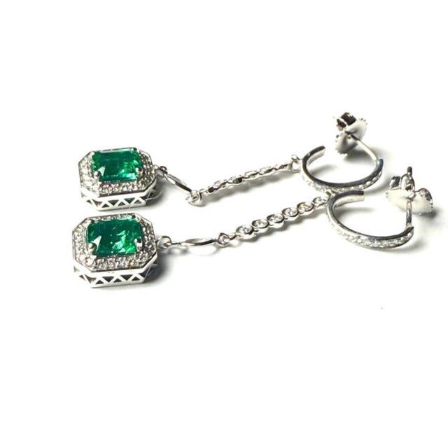 Emerald Shaped Emeralds Halo Diamond 3.50 Carat Lariat 14 Karat White Gold Earrings - 2 Pieces For Sale - Image 10 of 12