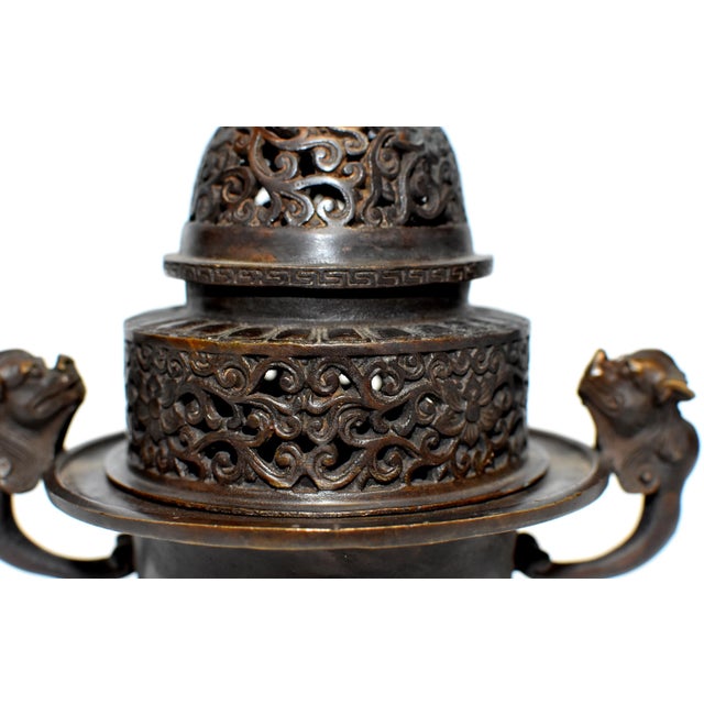 Chinese Antique Incense Burner, Copper Bronze With Dragons, Signed