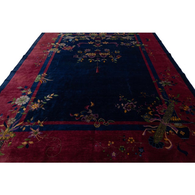 Art Deco Navy Blue Antique Art Deco Chinese Wool Rug With a Classic Design For Sale - Image 3 of 12