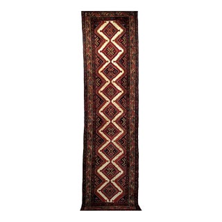 Vintage Persian Malayer Runner Rug, Hand-Knotted Wool, Geometric Pattern, 3x10, Ivory & Red For Sale