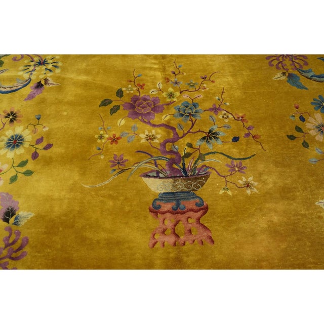 1920s Yellow Floral Antique Chinese Art Deco Rug 8'8"x11'4" Knotted Wool Carpet For Sale In New York - Image 6 of 9