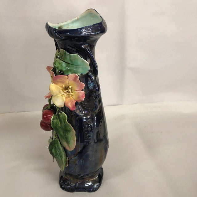 Art Nouveau Majolica Vase With Cherries and Flowers For Sale - Image 6 of 11
