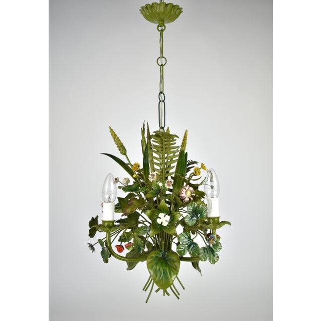 Vintage French Toleware Chandelier Flower Bouquet Green, 1960s For Sale - Image 6 of 12