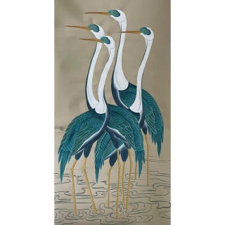 Blue Cranes Hand Painted Wallpaper on Slub Silk Panel - 1 Panel For Sale