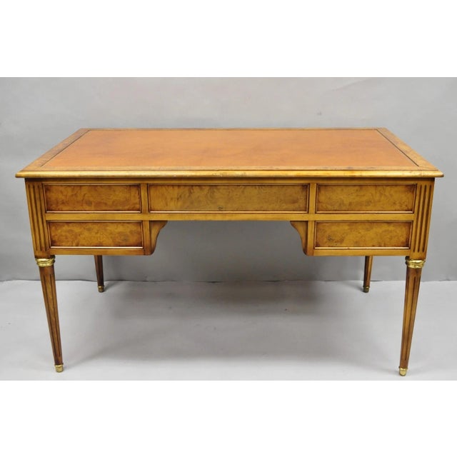 Wood Vintage French Louis XVI Style Burl Walnut Tooled Leather Top Writing Desk For Sale - Image 7 of 18