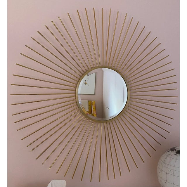 Oly Brass Fiona Sunburst Mirror. Overall diameter is 39 inches and inner circular mirror is beveled.