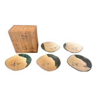 Set of Five Antique Ao-Oribe Ceramic Dishes with Tomobako Edo Period For Sale