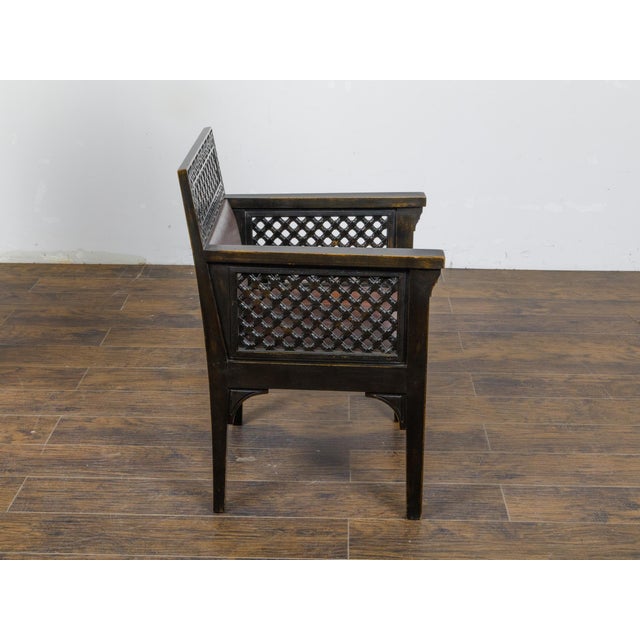 Wood Set of 12 Moroccan Ebonized Carved Wood Armchairs with Leather Seats, circa 1900 For Sale - Image 7 of 12
