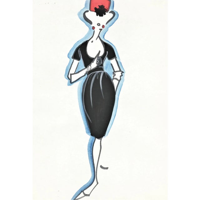 Matted Mid-Century Haute Couture French Fashion Drawing-Michel Goma For Sale